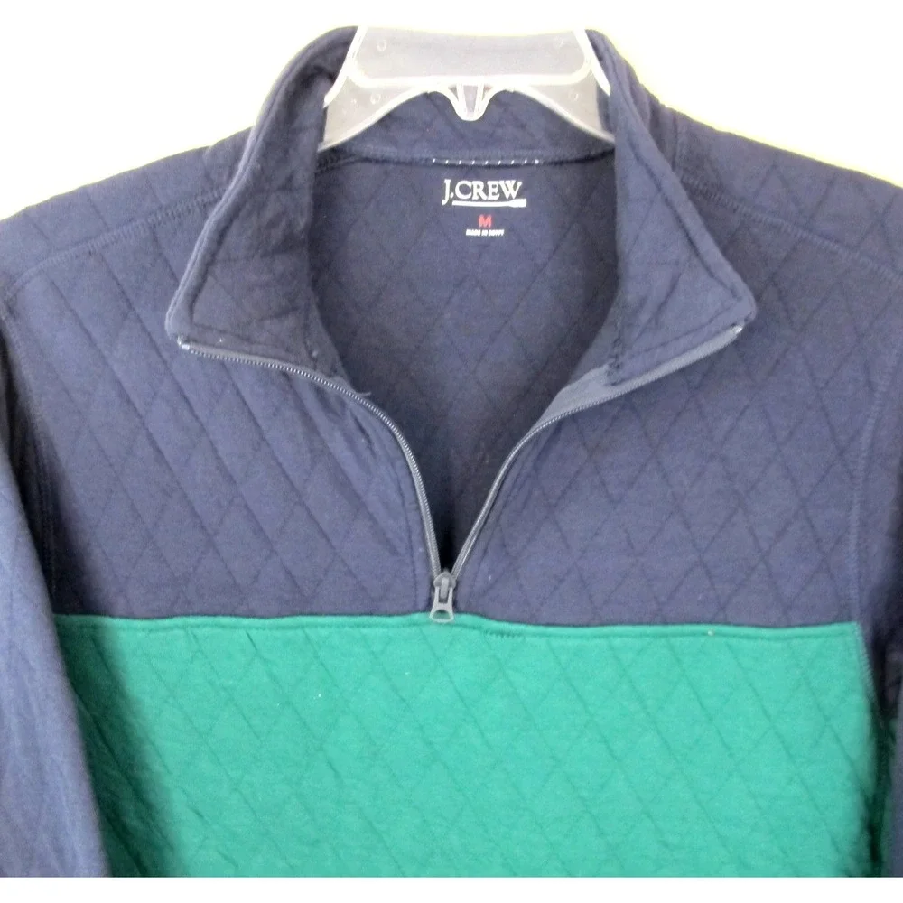 J. Crew Quilted Half Zip Pullover Men's Medium Navy Blue Green‎ Preppy